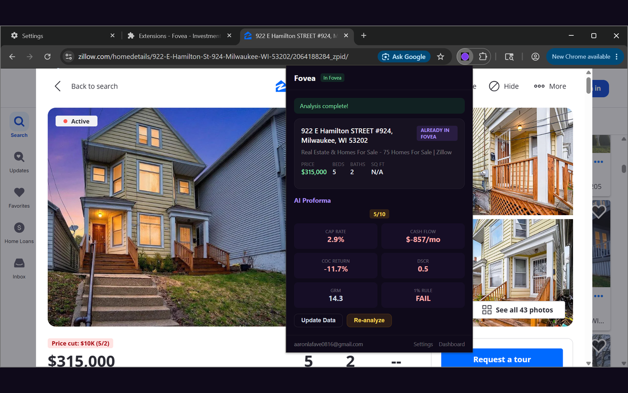 Fovea extension popup showing proforma metrics